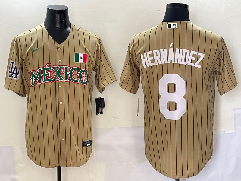 Men Los Angeles Dodgers 8 Hernandez Brown Stripe Mexico Joint Name 2025 Nike MLB Jersey style 7
